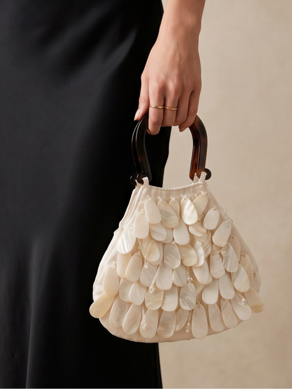 Vintage Cream Small Top-Handle Bag (100% Spain Silk , mother of pearl